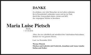 Traueranzeige von Marie Luise Pietsch von Pegnitz-Zeitung