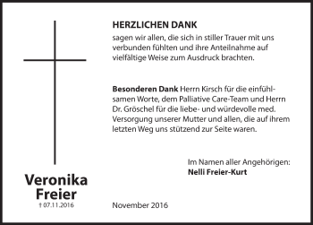 Traueranzeige von Veronika Freier von Hersbrucker Zeitung