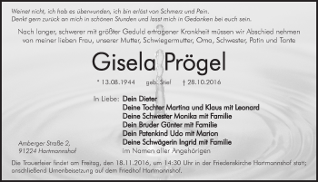 Traueranzeige von Gisela Prögel von Hersbrucker Zeitung