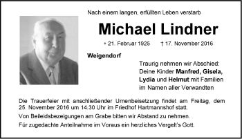 Traueranzeige von Michael Lindner von Hersbrucker Zeitung