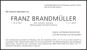 Traueranzeige von Franz Brandmüller von Pegnitz-Zeitung
