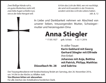 Traueranzeige von Anna Stiegler von Hersbrucker Zeitung
