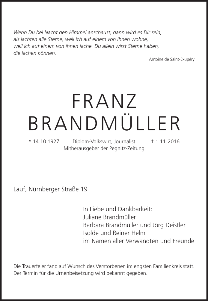  Traueranzeige für Franz Brandmüller vom 08.11.2016 aus Pegnitz-Zeitung