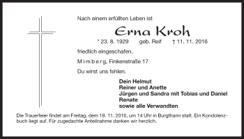 Traueranzeige von Erna Kroh von Der Bote