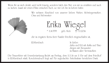 Traueranzeige von Erika Wiegel von Pegnitz-Zeitung