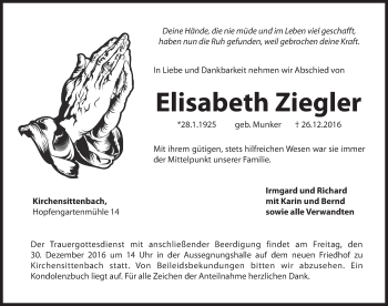 Traueranzeige von Elisabeth Ziegler von Hersbrucker Zeitung