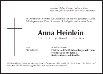 Traueranzeige von Anna Heinlein von Pegnitz-Zeitung