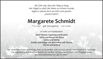 Traueranzeige von Margarete Schmidt von Pegnitz-Zeitung