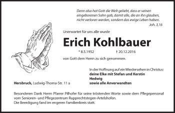 Traueranzeige von Erich Kohlbauer von Hersbrucker Zeitung
