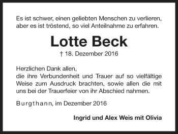 Traueranzeige von Lotte Beck von Der Bote