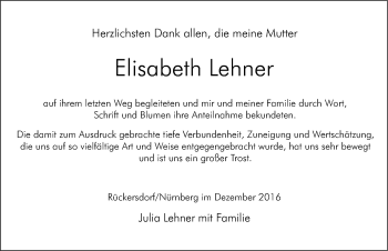 Traueranzeige von Elisabeth Lehner von Pegnitz-Zeitung