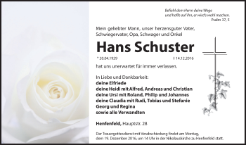 Traueranzeige von Hans Schuster von Hersbrucker Zeitung