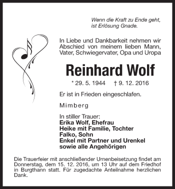 Traueranzeige von Reinhard Wolf von Der Bote