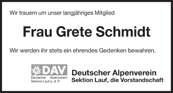 Traueranzeige von Grete Schmidt von Pegnitz-Zeitung
