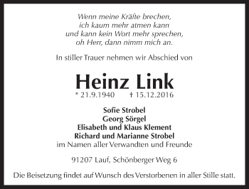 Traueranzeige von Heinz Link von Pegnitz-Zeitung