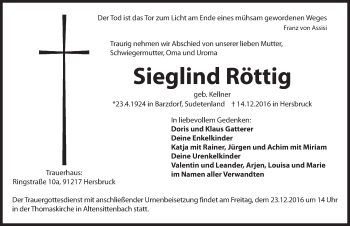 Traueranzeige von Sieglind Röttig von Hersbrucker Zeitung