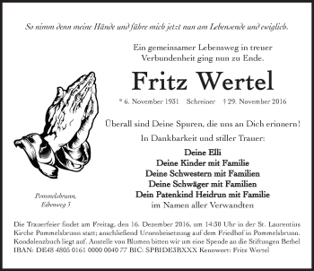 Traueranzeige von Fritz Wertel von Hersbrucker Zeitung