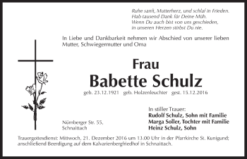 Traueranzeige von Babette Schulz von Pegnitz-Zeitung