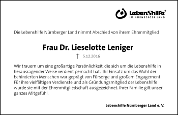 Traueranzeige von Lieselotte Leniger von Pegnitz-Zeitung