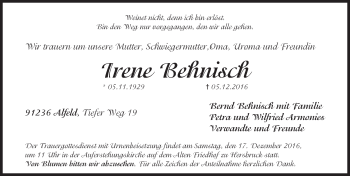 Traueranzeige von Irene Behnisch von Hersbrucker Zeitung