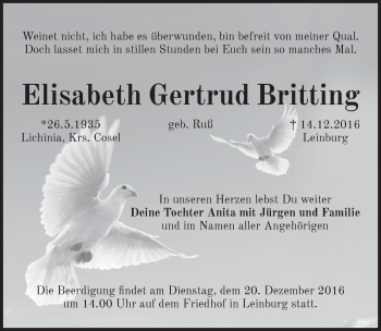 Traueranzeige von Elisabeth Gertrud Britting von Pegnitz-Zeitung