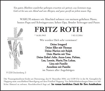 Traueranzeige von Fritz Roth von Hersbrucker Zeitung