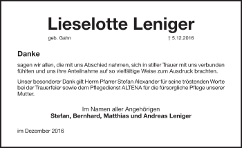 Traueranzeige von Lieselotte Leniger von Pegnitz-Zeitung