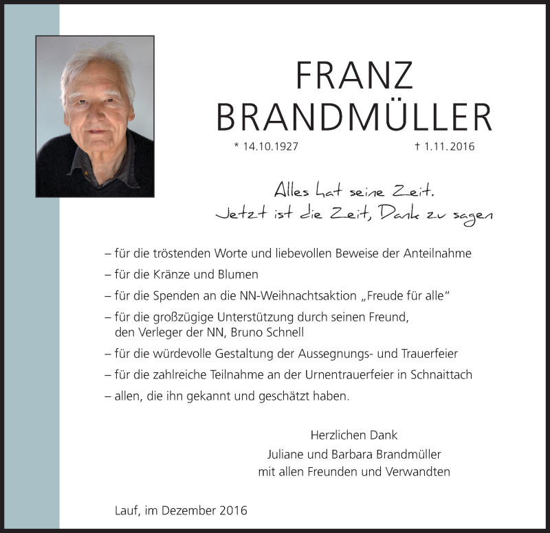  Traueranzeige für Franz Brandmüller vom 10.12.2016 aus Pegnitz-Zeitung