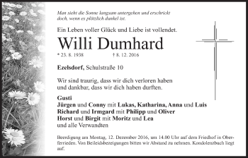 Traueranzeige von Willi Dumhard von Der Bote