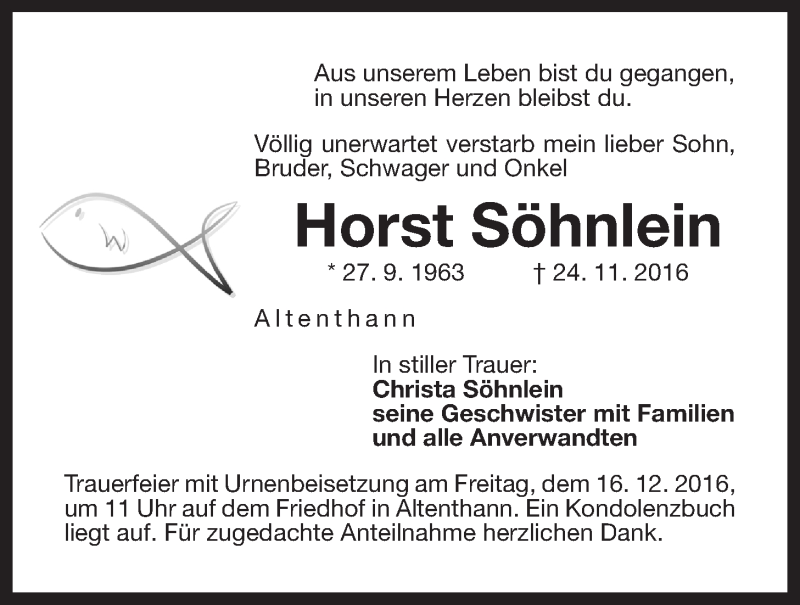  Traueranzeige für Horst Söhnlein vom 15.12.2016 aus Der Bote