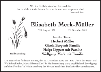 Traueranzeige von Elisabeth Merk-Müller von Hersbrucker Zeitung