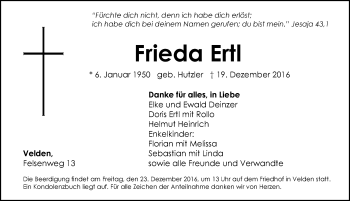 Traueranzeige von Frieda Ertl von Hersbrucker Zeitung