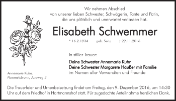 Traueranzeige von Elisabeth Schwemmer von Hersbrucker Zeitung