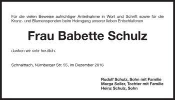 Traueranzeige von Babette Schulz von Pegnitz-Zeitung