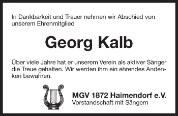 Traueranzeige von Georg Kalb von Pegnitz-Zeitung