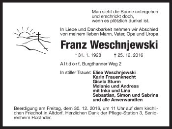 Traueranzeige von Franz Weschnjewski von Der Bote