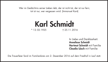 Traueranzeige von Karl Schmidt von Pegnitz-Zeitung