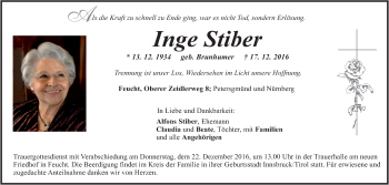 Traueranzeige von Inge Stiber von Der Bote