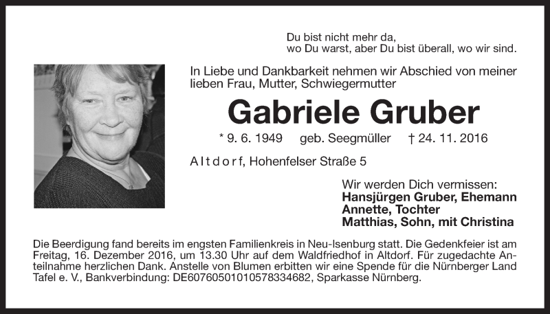  Traueranzeige für Gabriele Gruber vom 13.12.2016 aus Der Bote