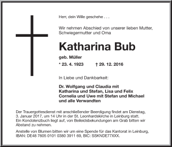 Traueranzeige von Katharina Bub von Der Bote