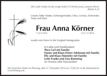 Traueranzeige von Anna Koerner von Pegnitz-Zeitung
