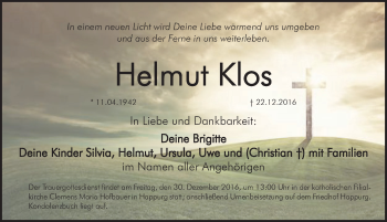 Traueranzeige von Helmut Klos von Hersbrucker Zeitung