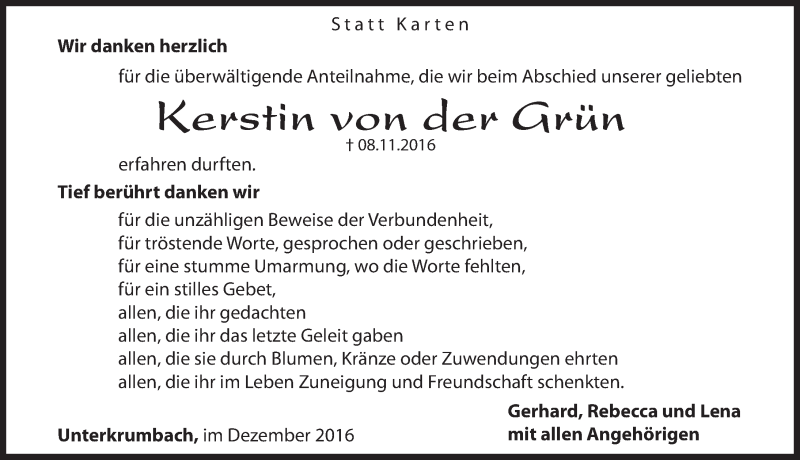  Traueranzeige für Kerstin von der Grün vom 03.12.2016 aus N-Land