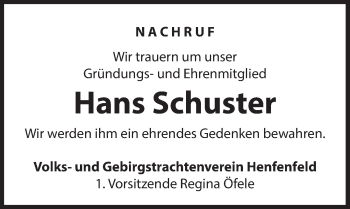 Traueranzeige von Hans Schuster von Hersbrucker Zeitung