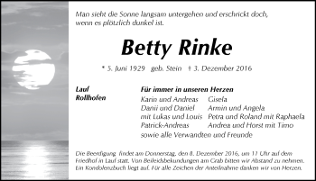 Traueranzeige von Betty Rinke von Pegnitz-Zeitung