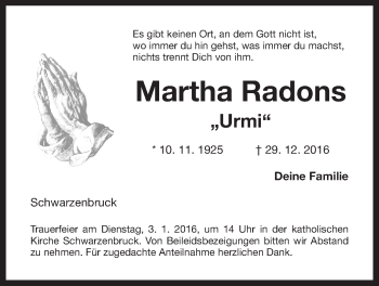 Traueranzeige von Martha Radons von Der Bote