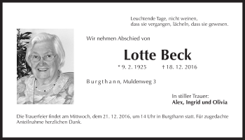 Traueranzeige von Lotte Beck von Der Bote