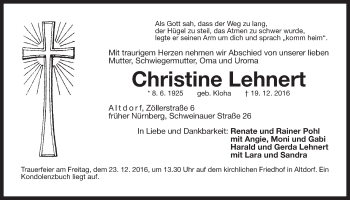 Traueranzeige von Christine Lehnert von Der Bote