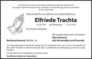 Traueranzeige von Elfriede Trachta von Hersbrucker Zeitung