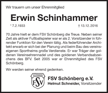 Traueranzeige von Erwin Schinhammer von Pegnitz-Zeitung